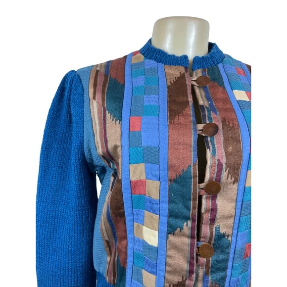 Vintage Button-Up Patchwork Cardigan Sweater With Textured Blue Sleeves Sz S/M - Picture 4 of 5
